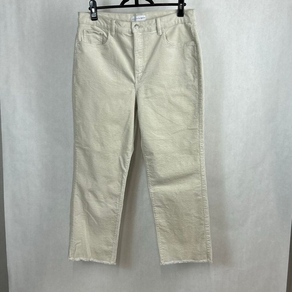 Loft Corduroy Trousers Pants Sz 12 / 31 Cream Raw Hem High Rise Straight 25.5” I